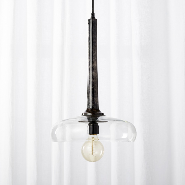 Recalled Colby lacquered wood and glass pendant light fixture