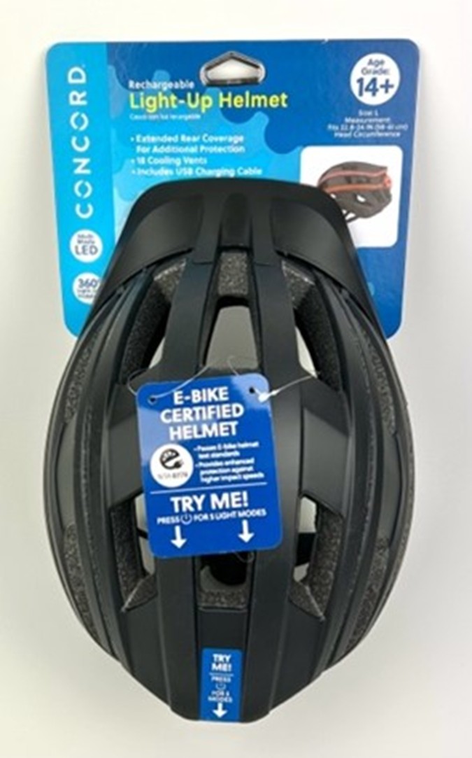 Recalled Concord 360 Degree Rechargeable Light-Up Bike Helmet (top view with packaging)