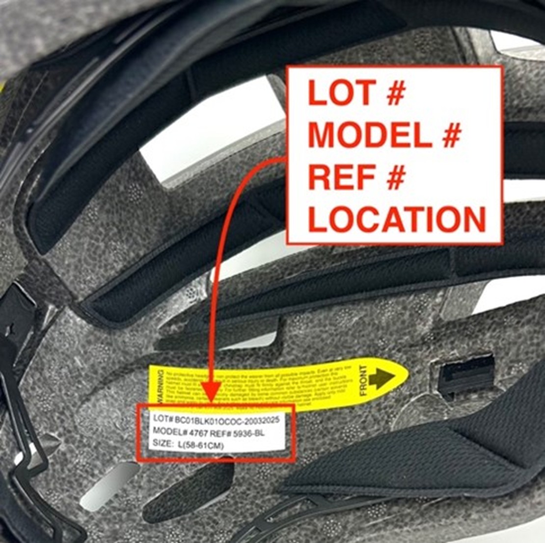 Recalled Concord 360 Degree Rechargeable Light-Up Bike Helmet (label)
