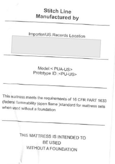 "Prototype ID: " is printed on a sewn-in white label on one side of the recalled Kesyup mattress
