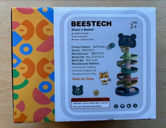 "Beestech" and model number "Bee-210316-01" are printed on the packaging of the recalled spiral tower toy