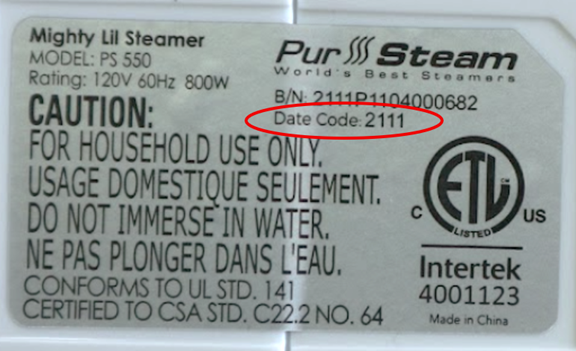 Label on bottom of recalled PurSteam Mighty Lil Steamer – Model PS-550