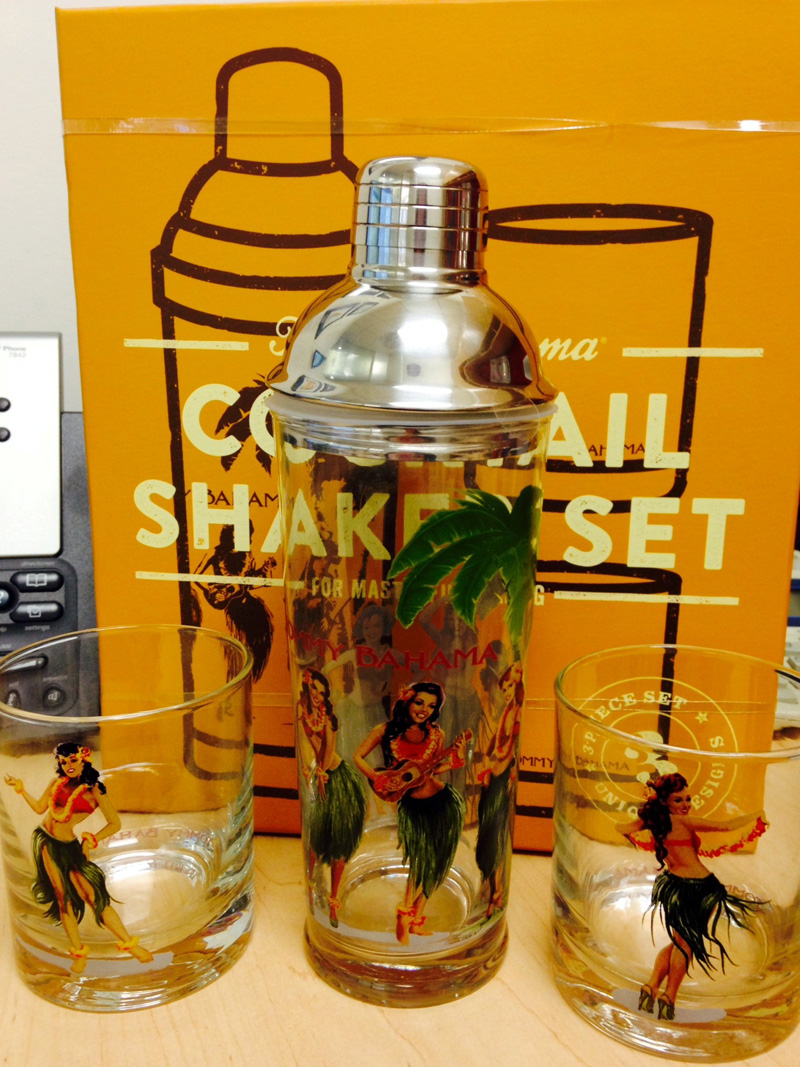 Tommy Bahama Cocktail Set Shaker & 2 Glasses Thirst Responders