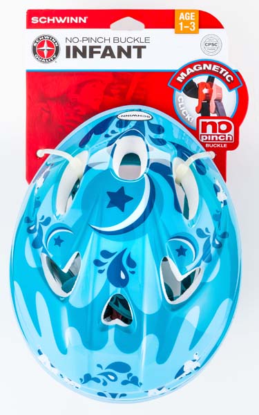 Infant bicycle helmets with magnetic no-pinch buckle chin straps