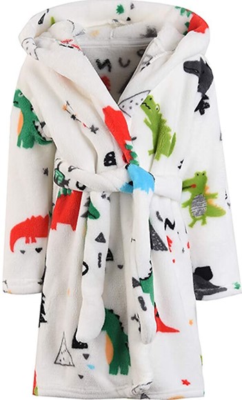 Recalled ChildLikeMe children's robe in  white with dinosaurs