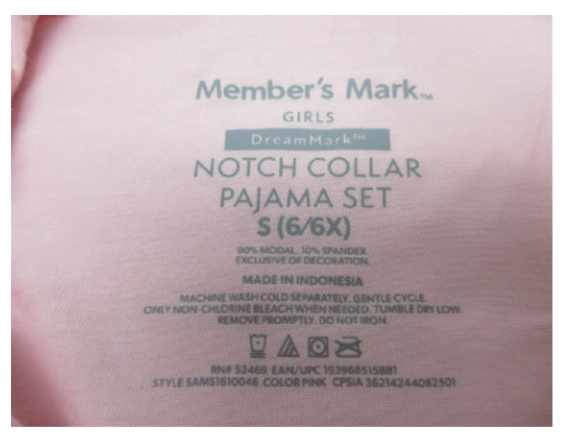 "Member's Mark" and the size are printed on the recalled pajama's neck label