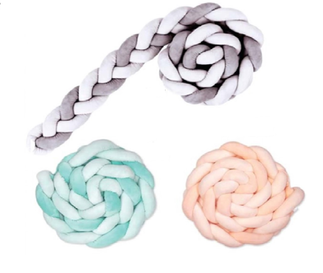 Recalled SARO Braided Crib Bumpers in gray, mint and salmon