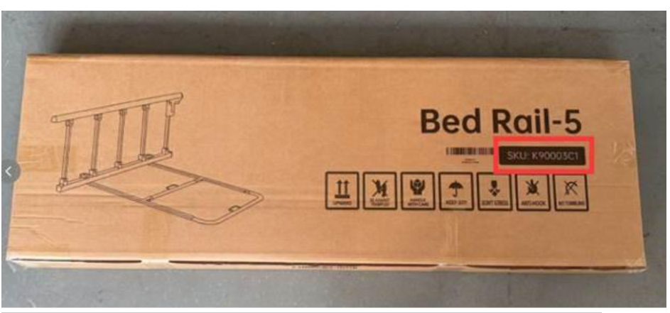 The SKU number is printed on the packaging of the recalled ELENKER bed rail