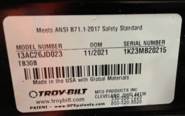 The model and serial number is located on a model plate label on the bottom of the seat pan