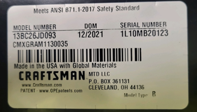 The model and serial number is located on a model plate label on the bottom of the seat pan