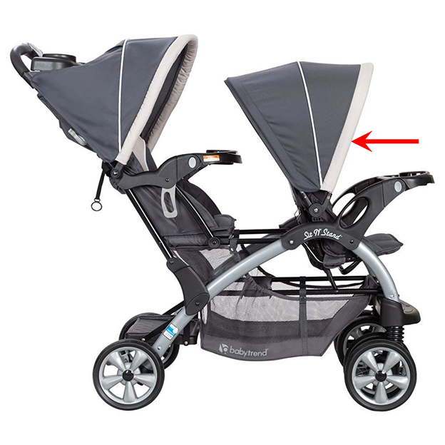 Side View of Baby Trend Sit N’ Stand Double stroller, model number beginning SS76