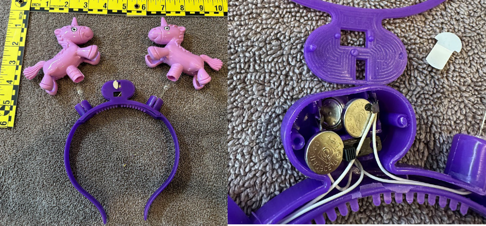 Recalled light-up unicorn headband (Item No. G02-UN) – Headband and close up showing accessible button cell batteries