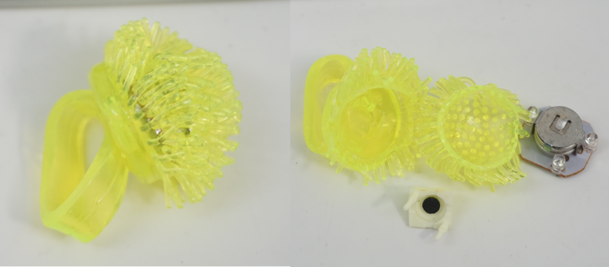 Recalled light-up assorted colors jelly rings (Item No. PS270) – Ring and close up showing accessible button cell batteries