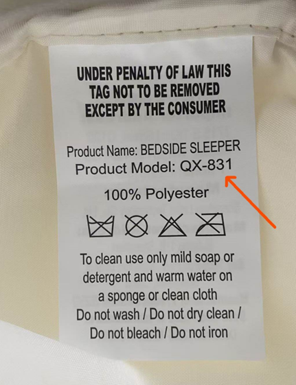 "Product Model: QX-831” is printed on a label located on bottom of the convertible bassinets underneath the mattress pad
