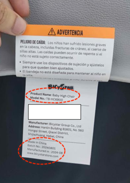 "BICYSTAR" and "Model No.: TB-HC6900" are printed on labels stitched to the back of the recalled Bicystar high chair seat cover