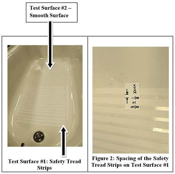 bathtub with pointers to the smooth surface and the safety tread strips
