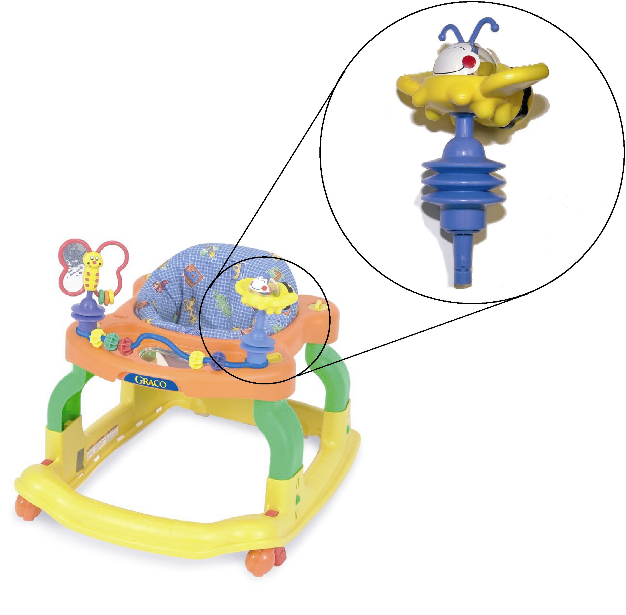 Bumble Bee Toys with blue antennae sold with certain Graco high chairs and Graco mobile entertainers, and also sold separately as an accessory and replacement part