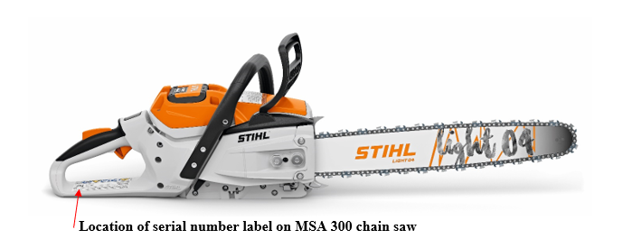 Location of serial number label on MSA 300 chain saw