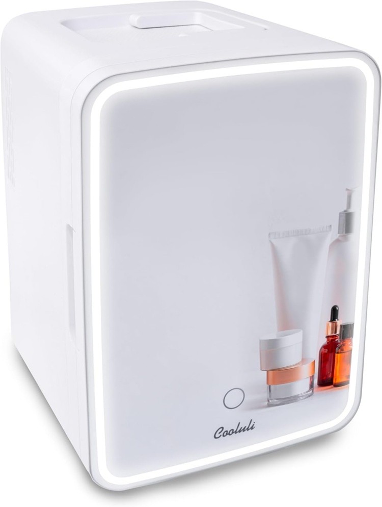 Recalled Cooluli 10-Liter and 15-Liter Minifridge – white with photo of cosmetic items