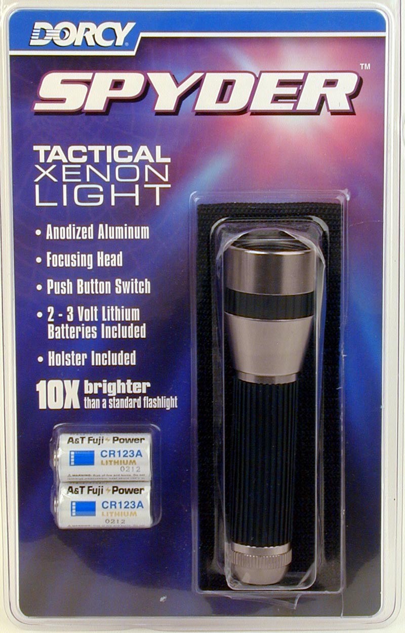 Fuji Power and A&T Fuji Power CR123A 3-volt lithium batteries originally provided with the Dorcy Spyder Tactical Xenon Light (Product 41-4200), also sold in packages of two flashlights under the name Dorcy Xenon Tactical Light