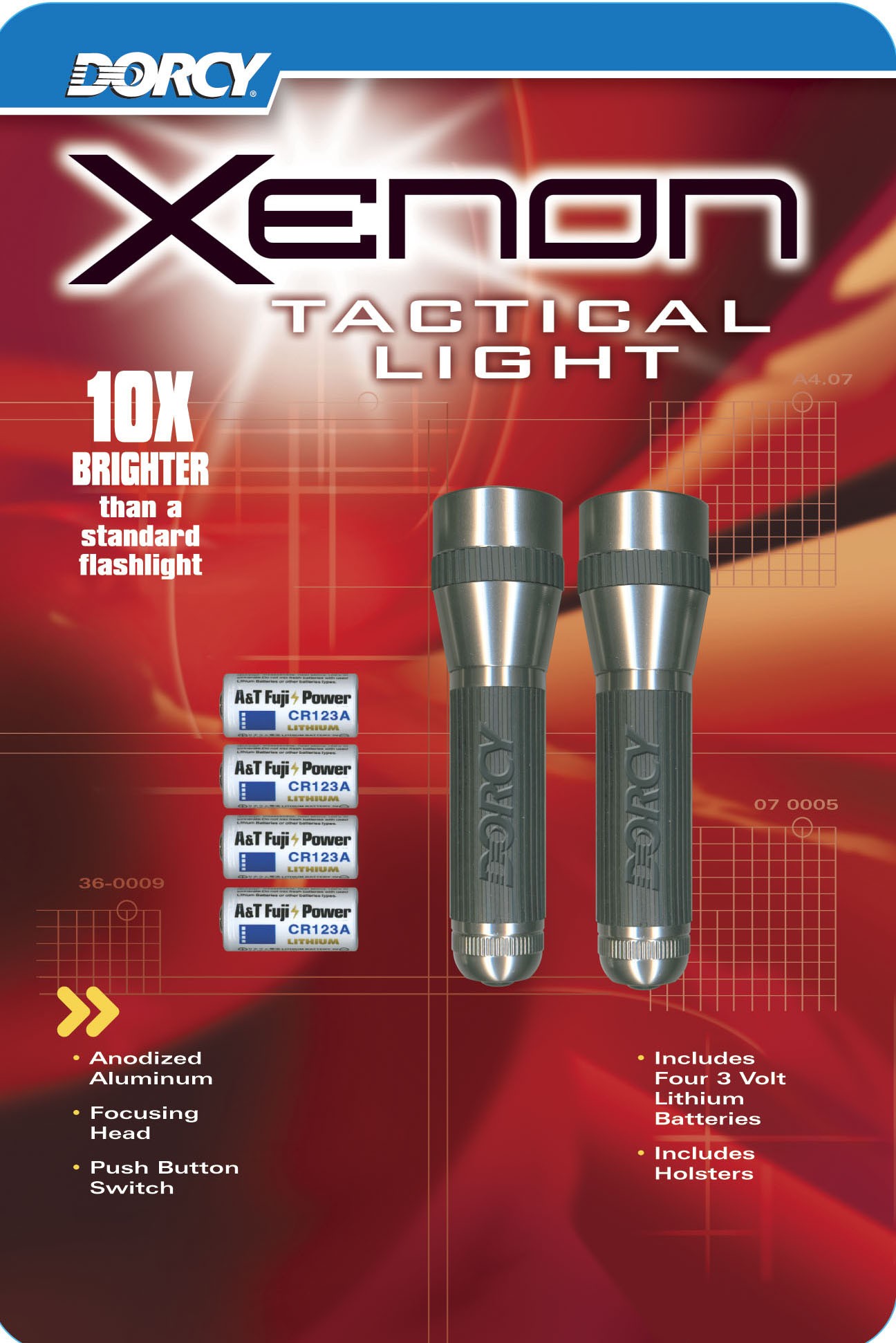 Fuji Power and A&T Fuji Power CR123A 3-volt lithium batteries originally provided with the Dorcy Spyder Tactical Xenon Light (Product 41-4200), also sold in packages of two flashlights under the name Dorcy Xenon Tactical Light