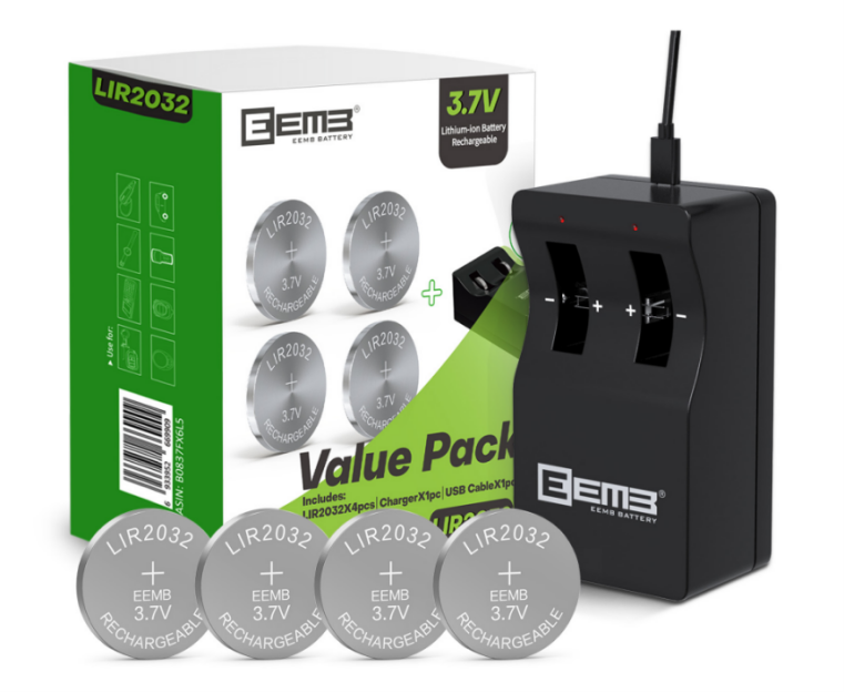 Recalled EEMB Lithium-ion Coin Battery Chargers with Rechargeable 2032 Batteries