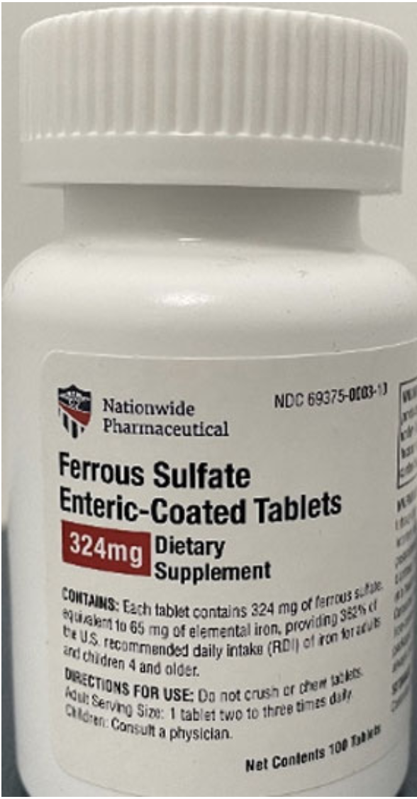 Ferrous Sulfate (Iron) Enteric-Coated Tablets, 324 mg - 100 Tablet Bottles