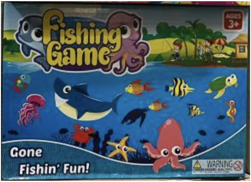 Lado anterior de la caja del juego de pesca (Fishing Game) retirado del mercado