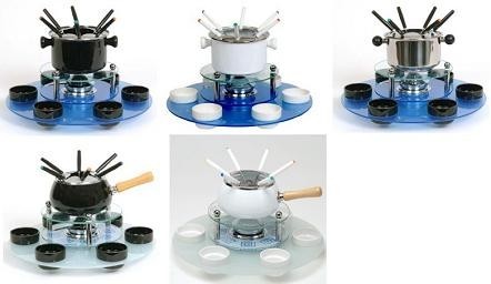 Fondue Sets: the Modern Set in White, Black, or Stainless; the Classic Set in White or Black