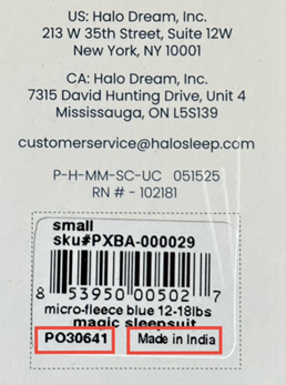 The hang tag with the batch code and "Made in India" circled
