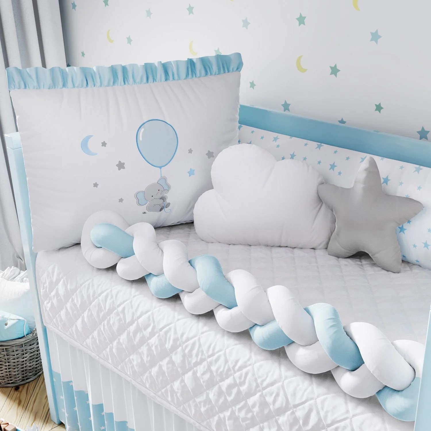 Recalled 6-Piece Braided Blue Dreamer Elephant Crib Bedding Set