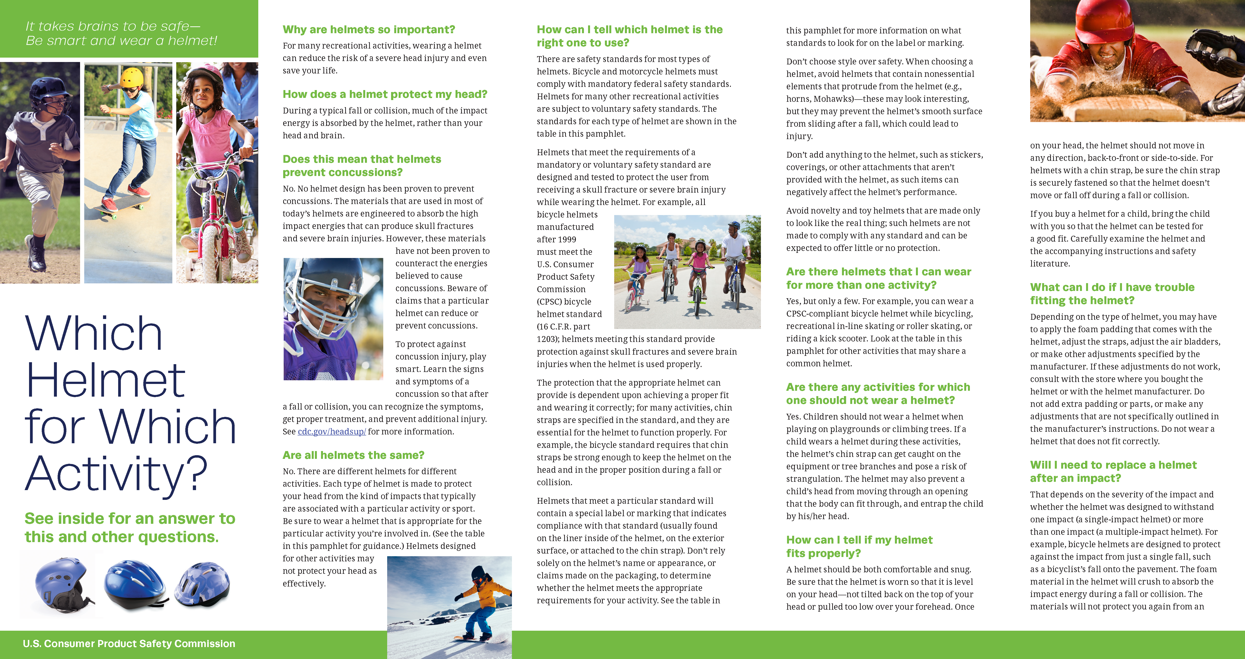 Which Helmet for Which Activity safety education brochure, page 1