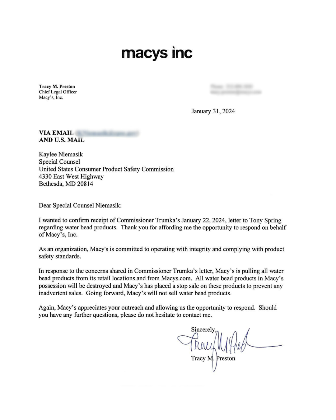 Macy's letter confirming receipt of Commissioner Trumka's letter.