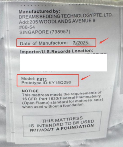 Recalled Koorlian Mattress Label with identifying information