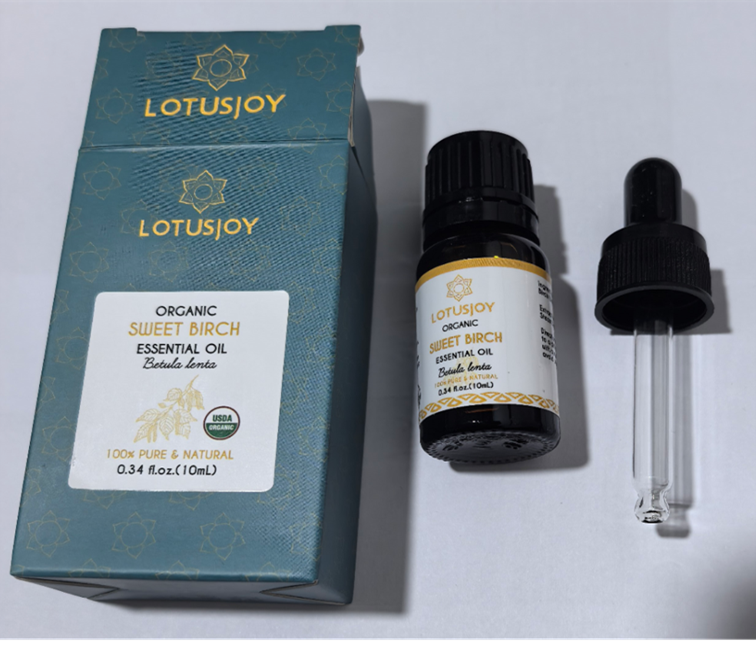 Recalled LOTUSJOY Sweet Birch Essential Oil - Packaging, Bottle and Glass Dropper