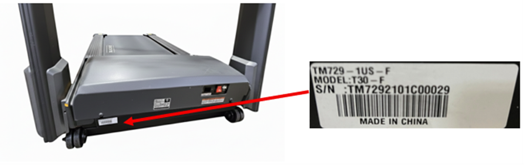 Location of model and serial number on lower front crossbar
