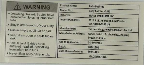 Napei Infant Bath Tubs Recalled Due to Risk of Serious Injury or Death from Ingestion Hazard; Violates Mandatory Standard for Consumer Products with Button Cell Batteries; Sold on Amazon by Sefon Store