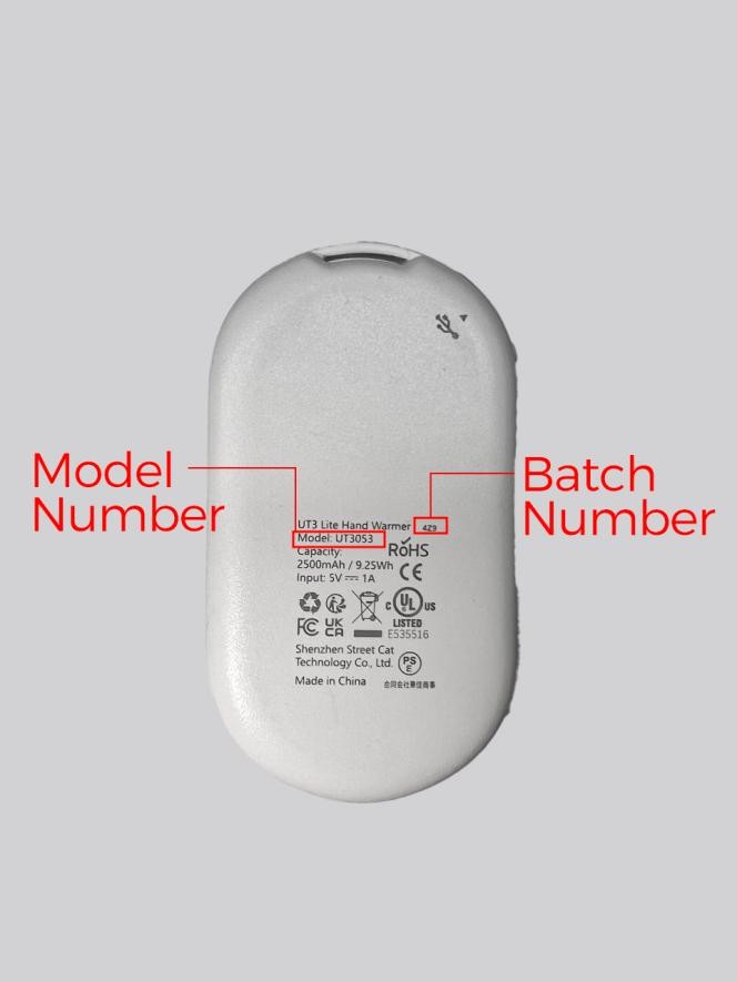 The model and three-digit batch number are printed on the OCOOPA Rechargeable Hand Warmers' underside