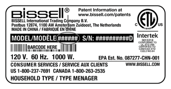 Rating label is located at the bottom of product showing the model number