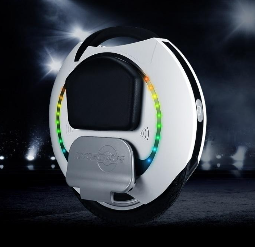 King Song KS-16S Electric Unicycle in white showing multi-color running lights