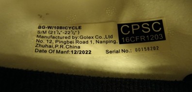 Model, date of manufacture and serial number are shown on label inside the helmet