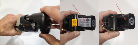 Recalled Rechargeable Rapala Fillet Knife Battery, shown with white ETL label, and shown missing white ETL Label