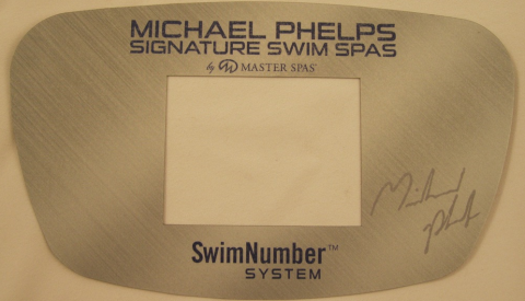 A Master Spas control panel cover showing the brand name “MP Signature Deep Swim Spas”