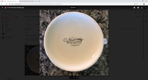 Label on the underside of the Fitz and Floyd Nevaeh White Can Mug in Gold