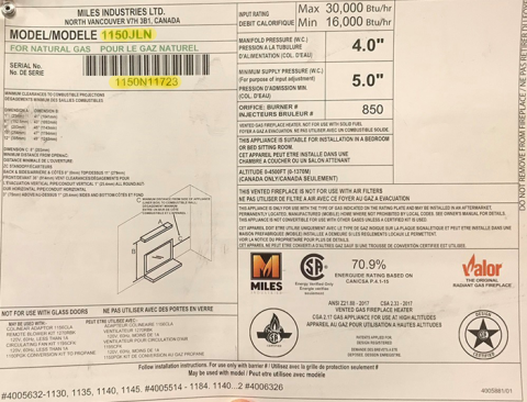 Rating sheet with the model number and serial number