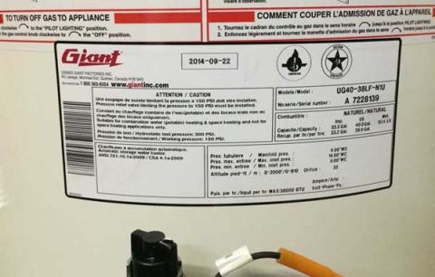 Giant UG Model Propane and Gas Water Heater Recall Data Tag