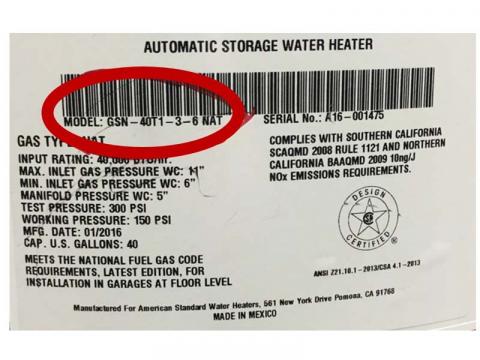 American Standard GN and GSN Model Gas Water Heater Recall Data Tag