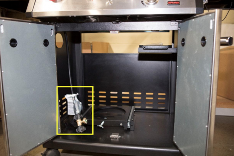 Recalled grill - fuel line not mounted to side of grill AND fuel gauge on regulator assembly