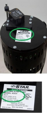Recalled Star Water Systems sump pump and manufacture label