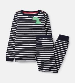 205681-NVCRMPKTDN Navy and white striped pajama with dinosaur motif 96% cotton 4% elastane 1 through 12